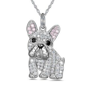 French Bulldog Dog Lovers CZ Rhinestone Rhodium Plated Silver Pendant Necklace